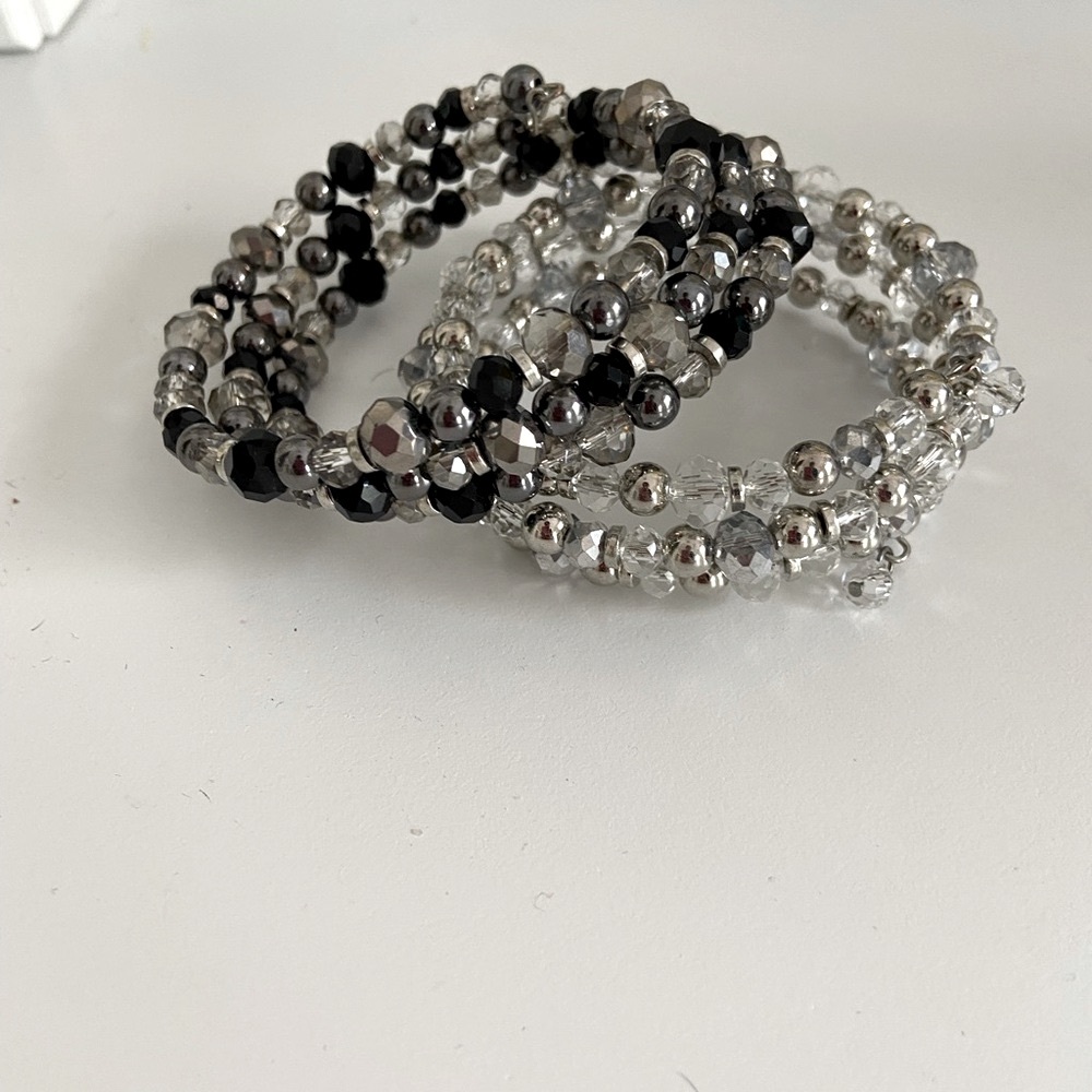 Elegant Silver and Black Beaded Bracelet Set